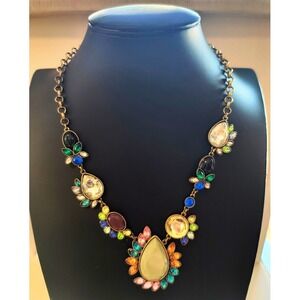 LOGO by Lori Goldstein Multi Color Crystal Statement Necklace Antique Gold Tone